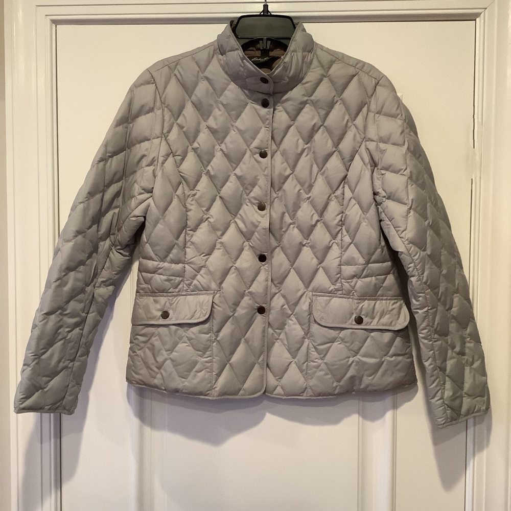 Eddie Bauer EB550 Jacket Goose Down Quilted Gray Jacket Size Large Snap Closure